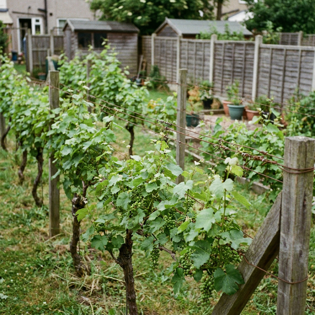How to Grow Grapes in Your Backyard: A Complete Beginner's Guide 12 Small backyard vineyard in summer with grapevines trellised on wooden posts, green leaves and grape clusters forming