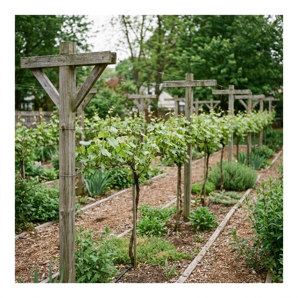 The Backyard Vineyard Year by Year: What to Do in Years 1, 2, and 3+ 3 Young backyard vineyard with trained grapevines on wooden trellis posts, summer growth