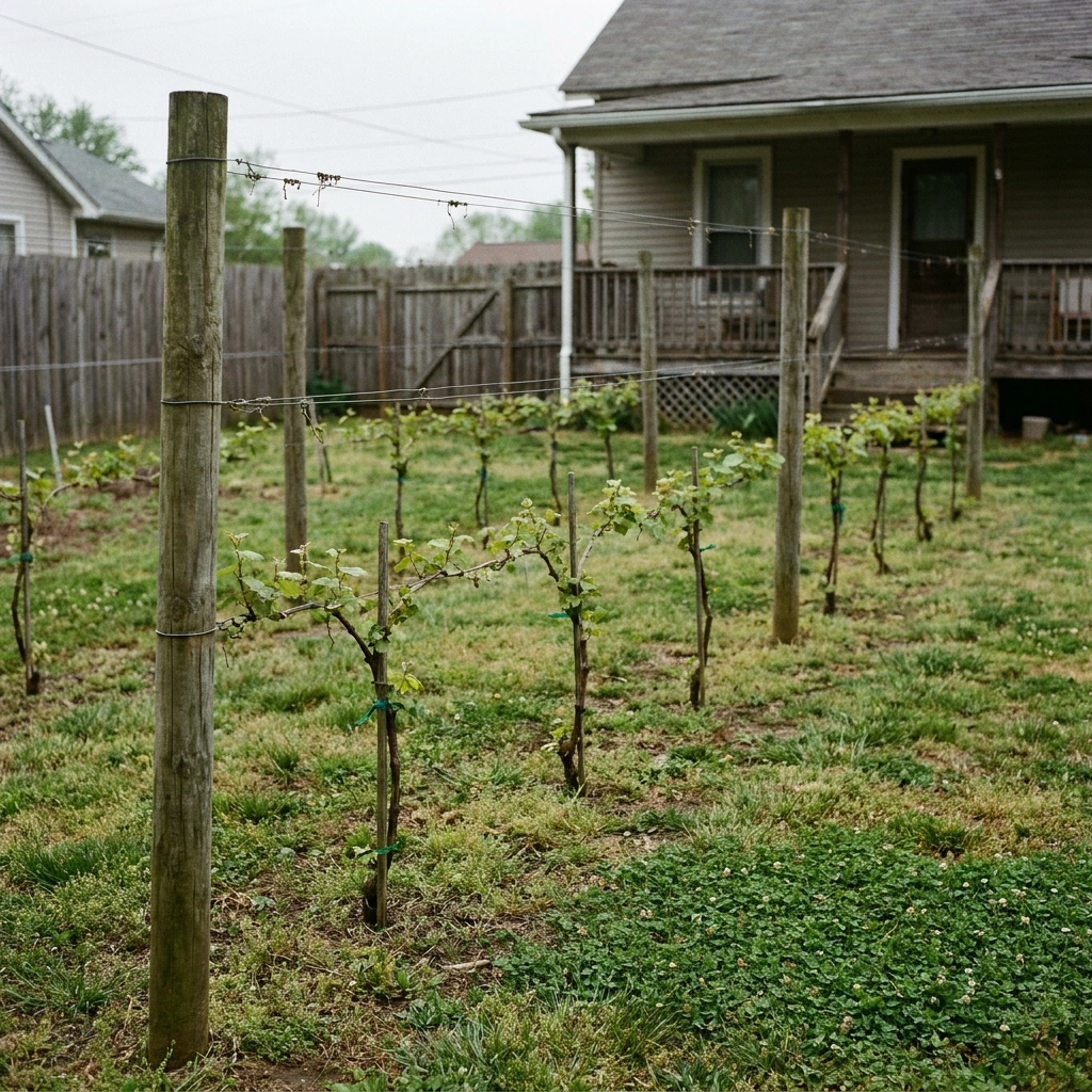 Starting a Backyard Vineyard: A Realistic Cold-Climate Planning Guide (2026) 8 Small backyard vineyard with young cold-hardy grapevines on wooden trellis rows