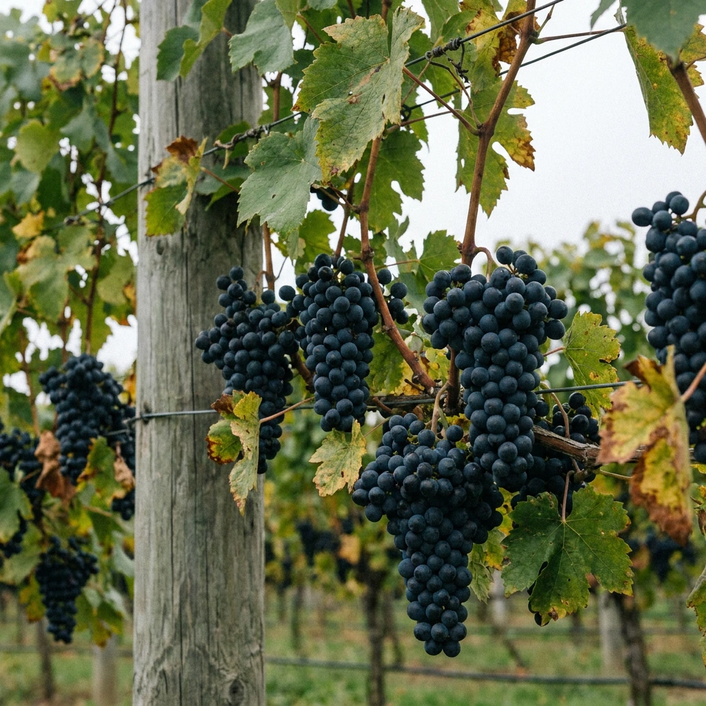 Baco Noir Grape: Cold-Hardy Variety Guide for Home Growers 6 Clusters of dark blue-black Baco Noir grapes ripening on a trellised vineyard vine