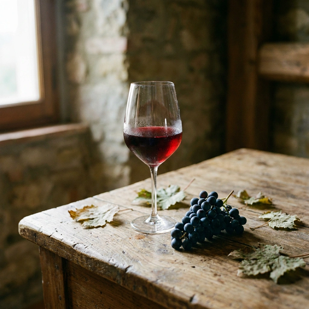 Glass of dark red Baco Noir wine beside fresh dark grape clusters on a rustic wooden table