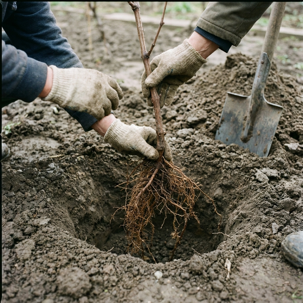 Gloved hands lowering a single dormant bare-root grapevine into a planting hole, one root mass, spade beside hole