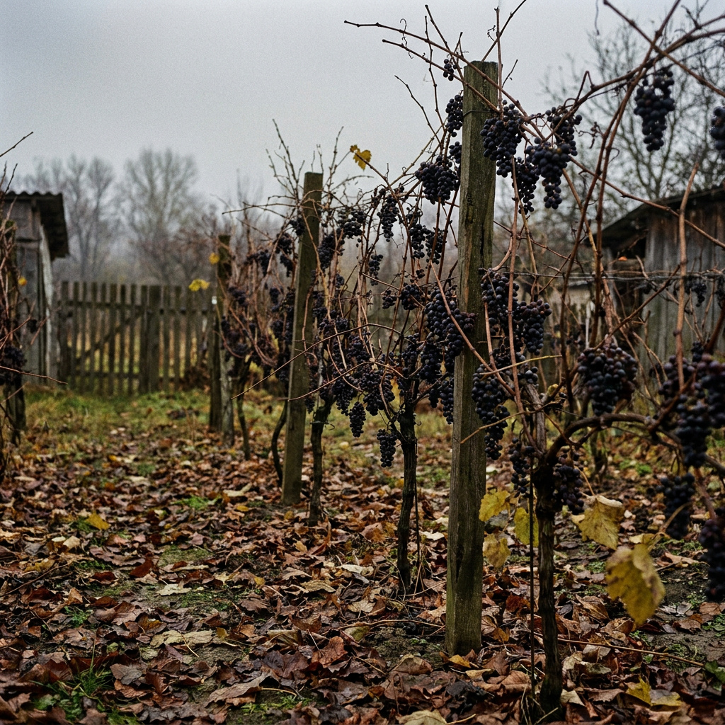 The Best Grape Varieties for Zone 4: Cold-Hardy Picks for Wine, Juice and Table 1 Late-season backyard vineyard with dark cold-hardy grape clusters hanging on wooden trellis posts, overcast autumn sky