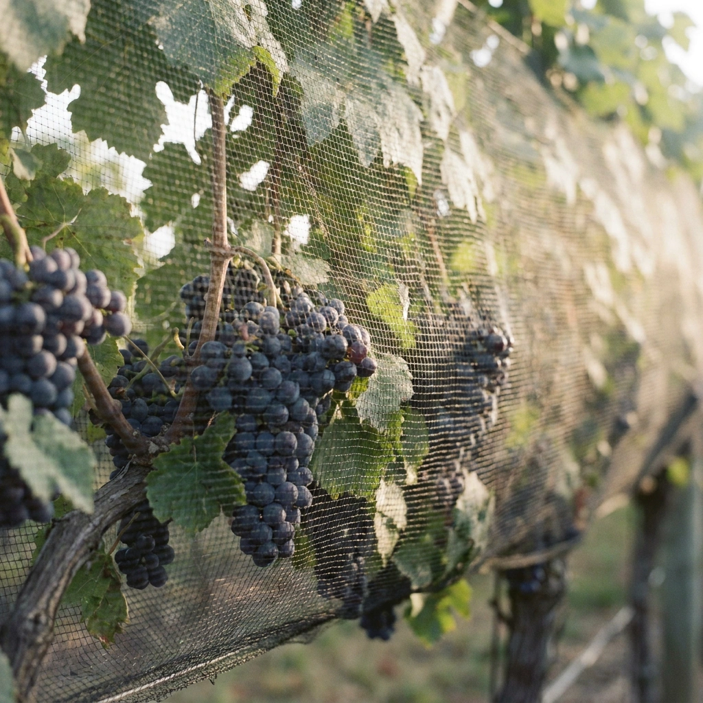 Fine mesh bird netting draped over dark purple grape clusters on the vine to protect the harvest