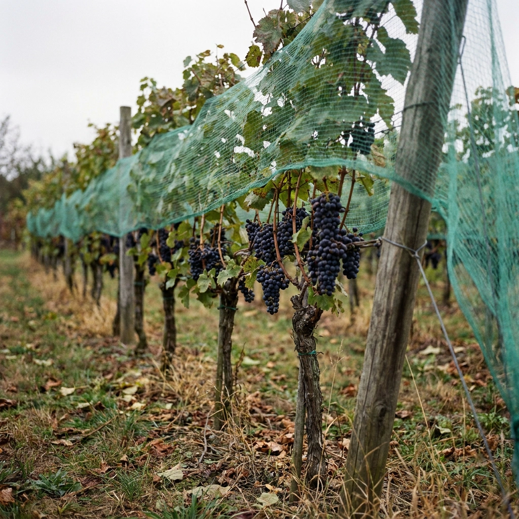 Vineyard row with ripening dark grape clusters draped under green bird netting secured to wooden trellis posts