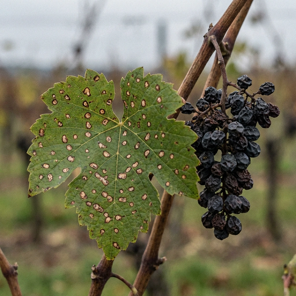 Grapevine leaf with black rot disease showing circular tan lesions with dark margins and shriveled black mummified berry cluster