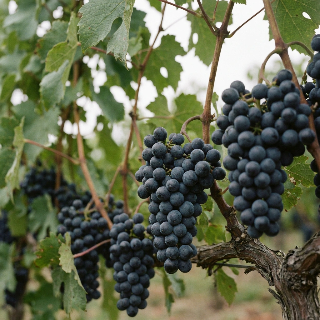 Bordeaux Blend Grape Varieties: What Goes In (and What to Grow in Cold Climates) 11 Dark ripe Bordeaux-style grape clusters hanging on the vine in a vineyard
