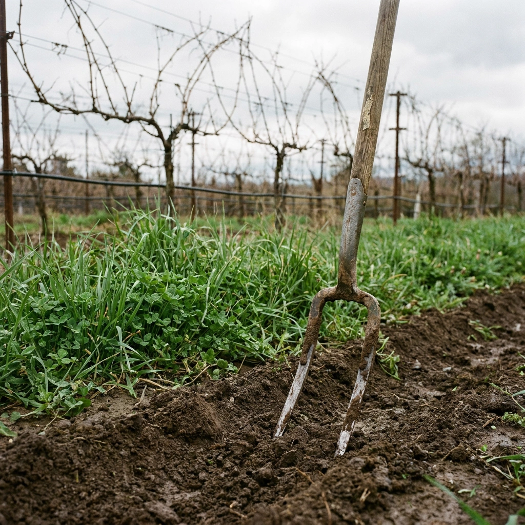 Broadfork tool in vineyard row middle with cover crop growing and dormant grapevines on trellis in background