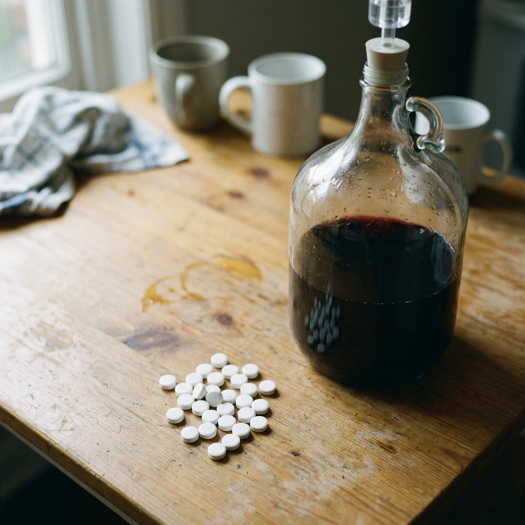 Campden tablets beside a glass carboy of red wine on a wooden table — home winemaking