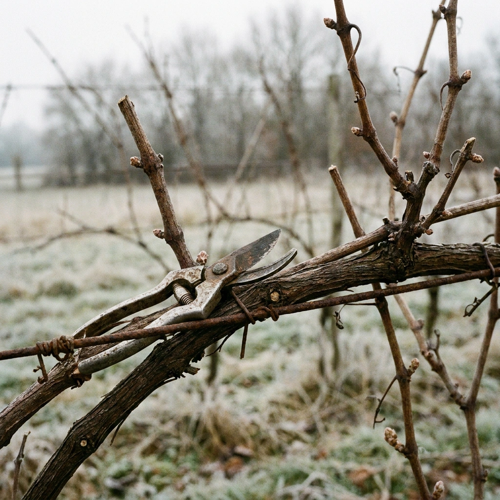 Dormant grapevines with pruning shears on a frosty winter morning - comparing cane pruning vs spur pruning methods