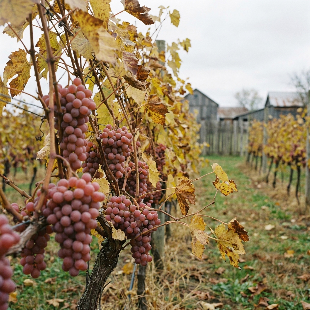 Ripe pink Catawba grape clusters hanging on the vine in a home vineyard in late autumn