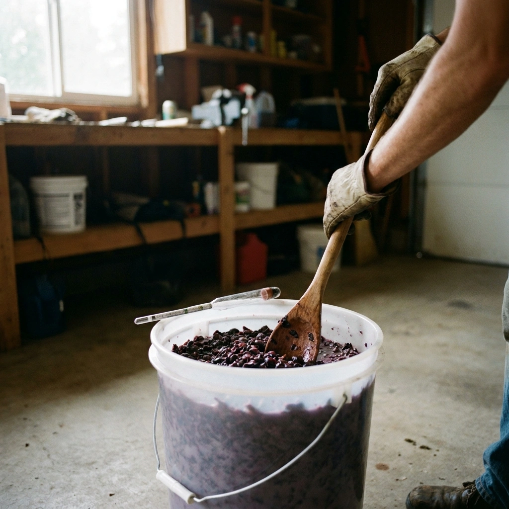 Home winemaker stirring grape must in a bucket during chaptalization
