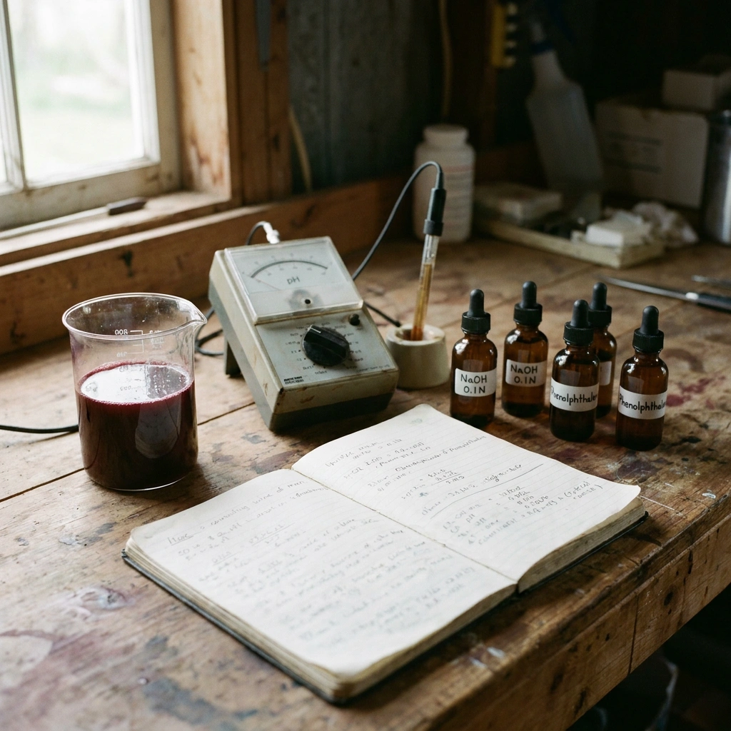 Home winemaker acid testing setup: beaker of dark red must, analog pH meter, titration reagent bottles, and handwritten notebook on a rustic workbench