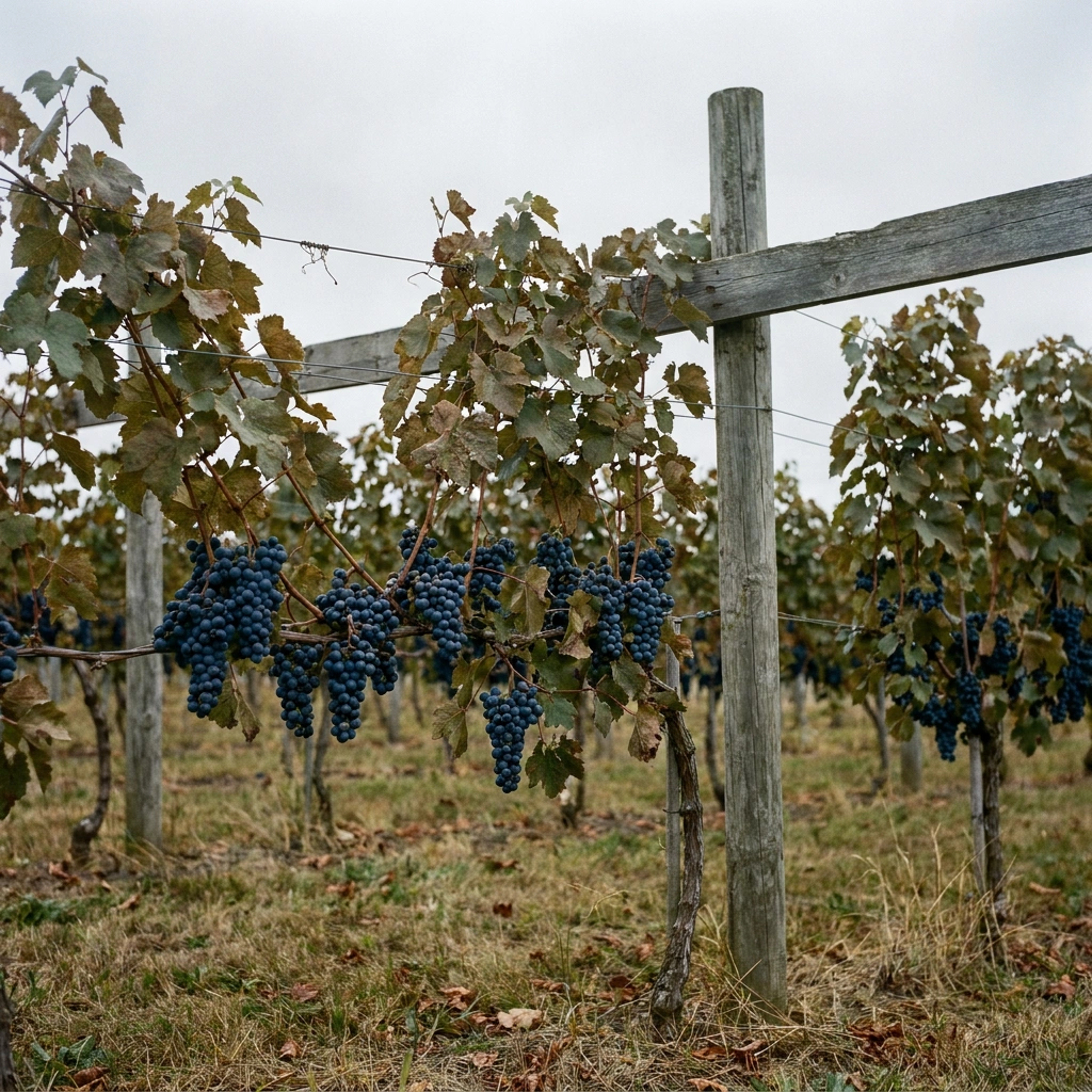 Dark blue-purple grape clusters on wooden trellis posts in a cold-climate northern vineyard under overcast sky