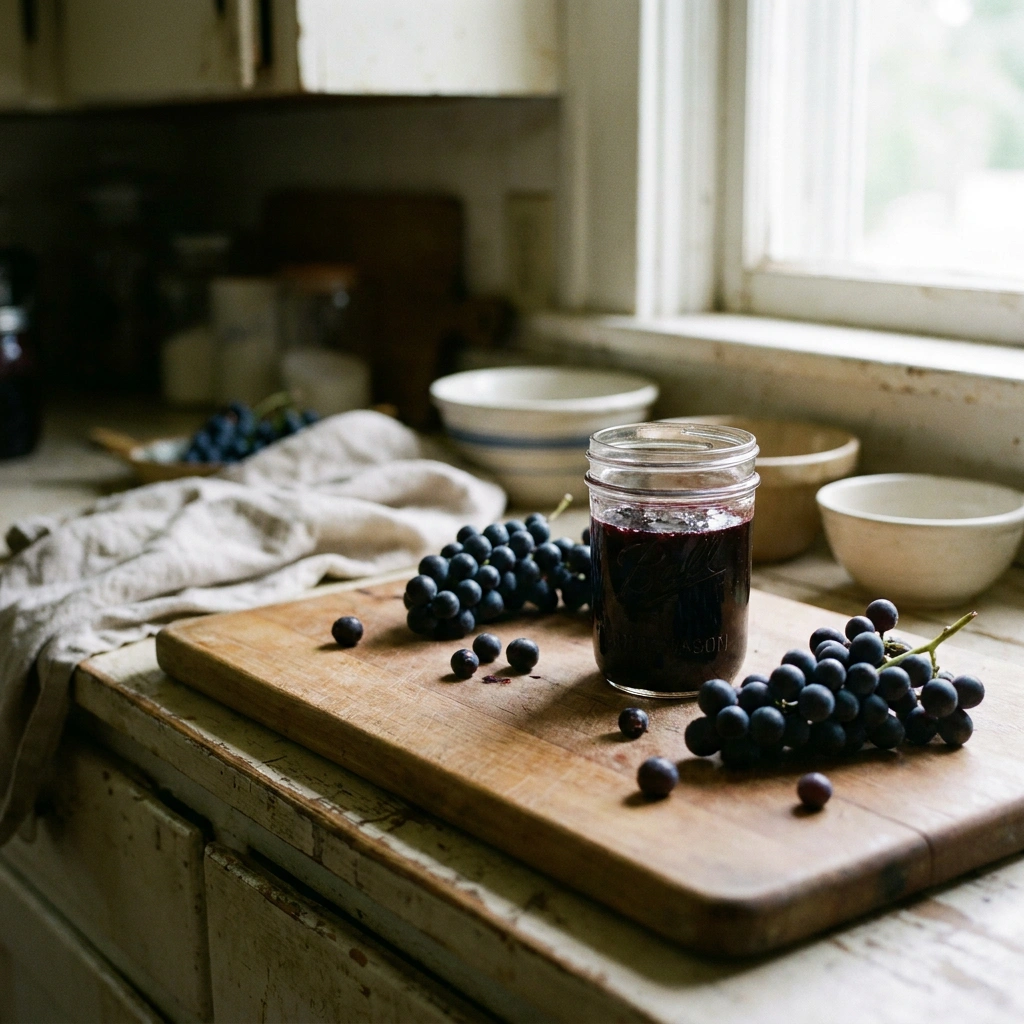 Homemade Concord grape jelly in a glass mason jar with fresh Concord grape clusters on a wooden cutting board