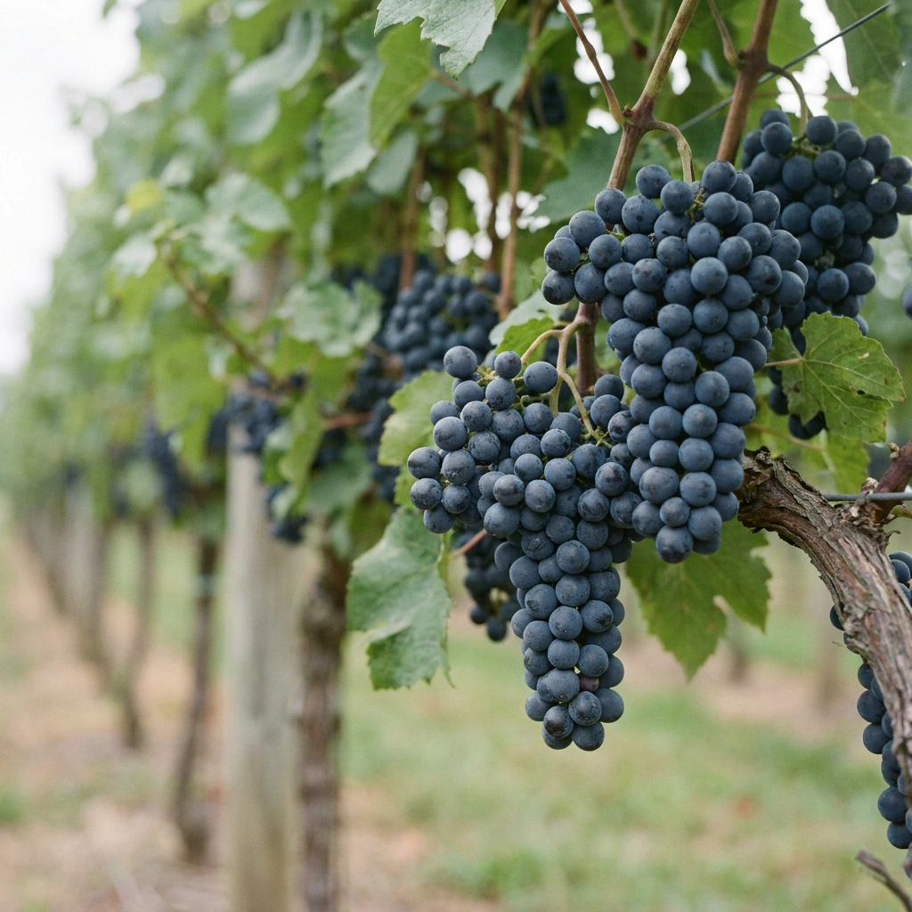 Growing Concord Grapes: Cold-Hardy, Easy, and Delicious 8 Deep blue-black Concord grape clusters hanging on the vine with characteristic dusty bloom, vineyard row in background