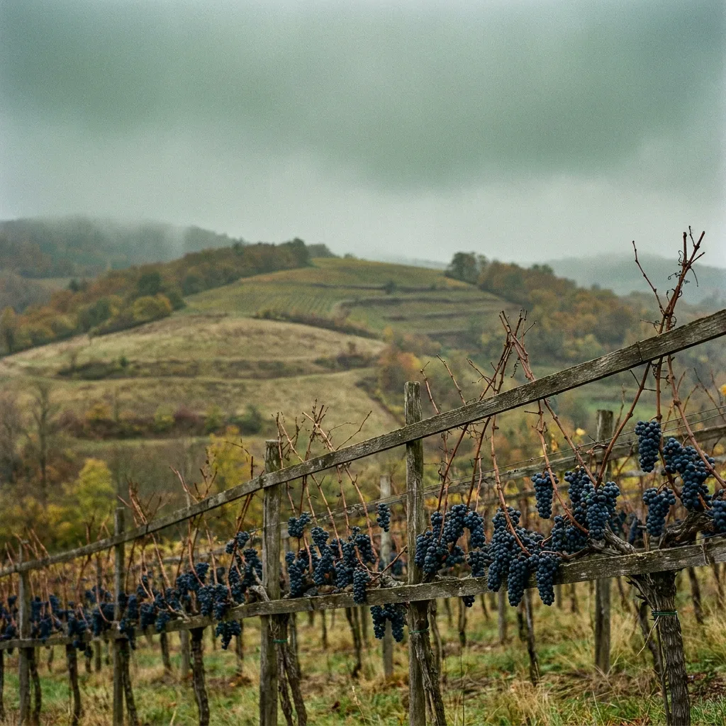 Cool-climate hillside vineyard with rows of grapevines under misty overcast autumn sky - ideal Pinot Noir territory