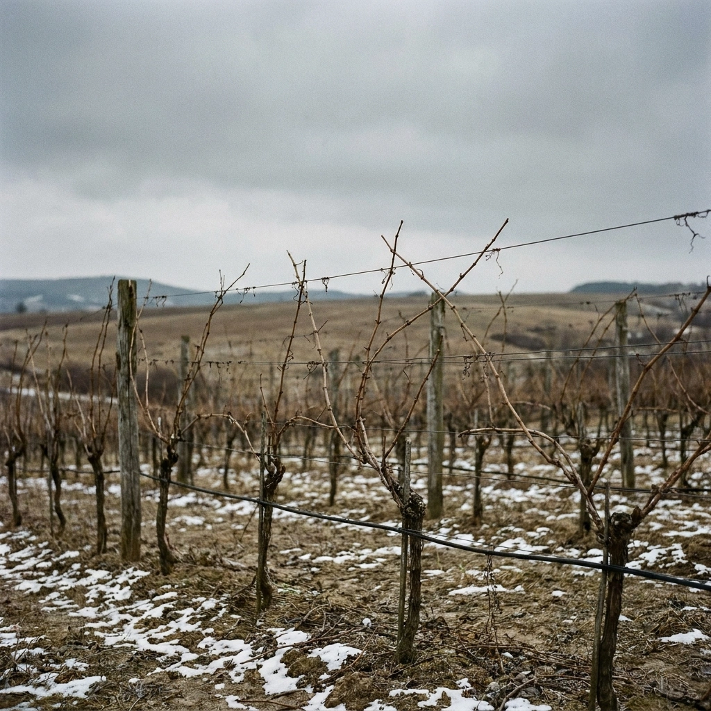 Dormant grapevines in winter in a cold-climate vineyard, with snow on the ground and bare woody canes on wire trellis - the kind of site where Petite Pearl thrives at Zone 4 temperatures.