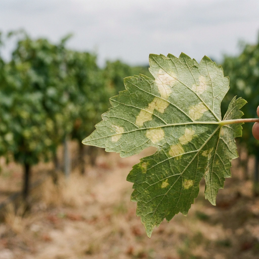 Grape leaf with downy mildew showing pale yellow oil-spot blotches, held up against a vineyard background