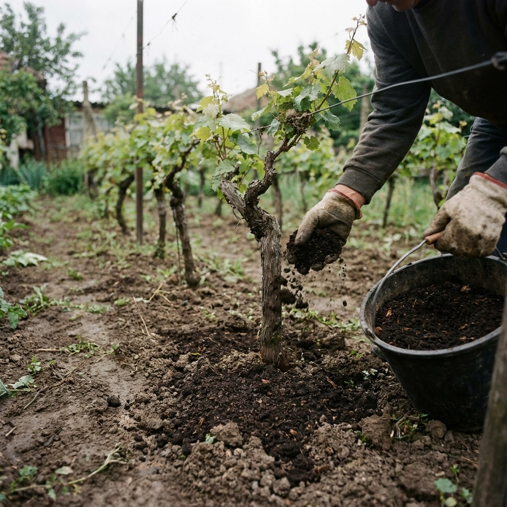 Home gardener spreading compost at the base of a grapevine in a backyard vineyard