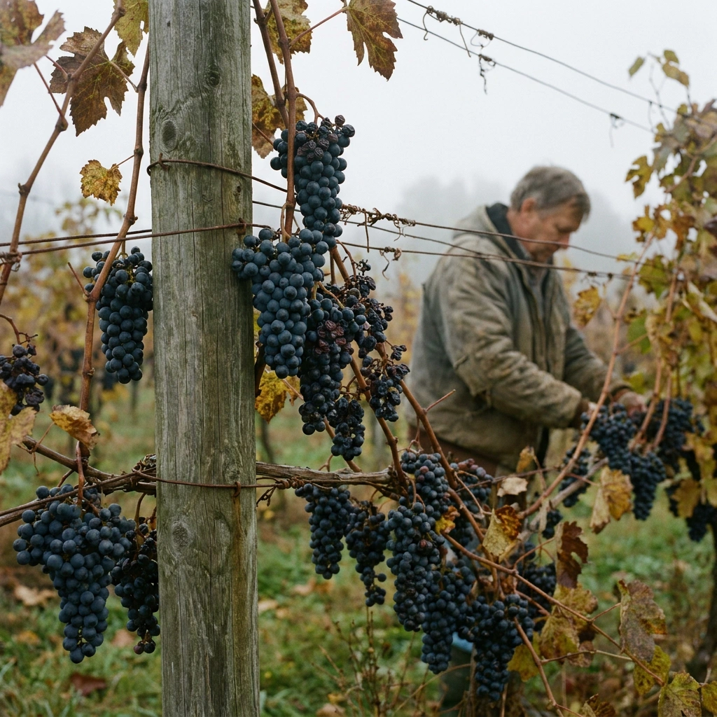 Dark blue-black Frontenac wine grape clusters hanging on a trellis in a cold-climate vineyard in autumn