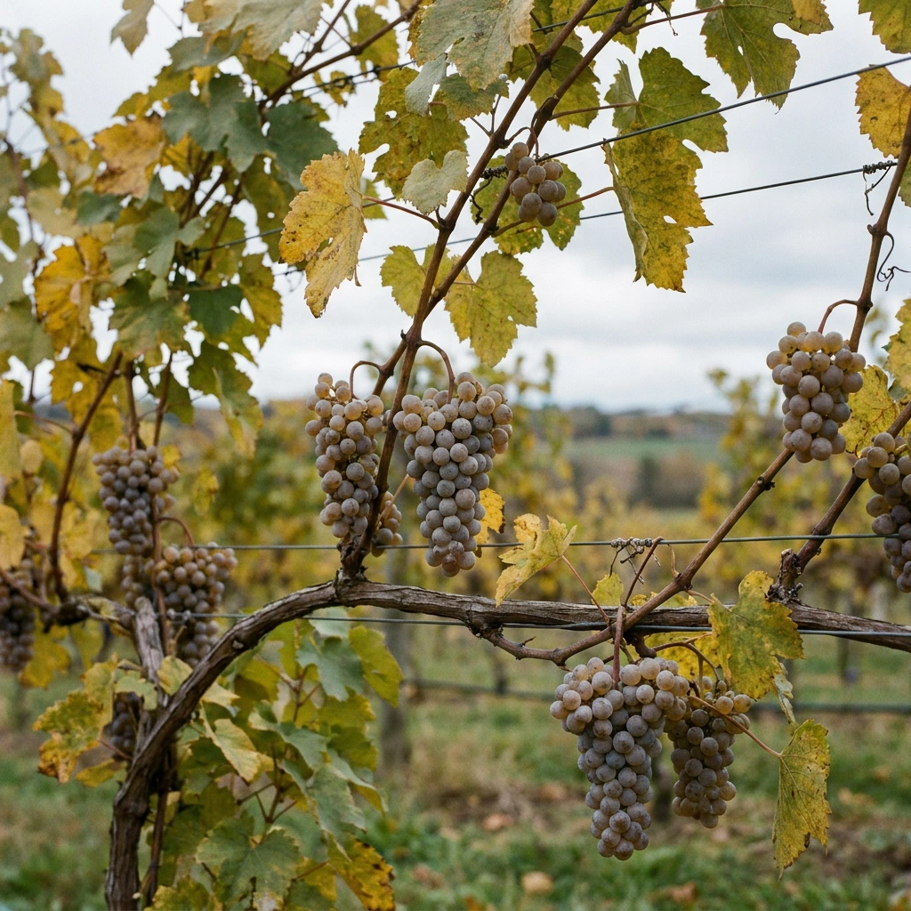 Frontenac Gris Grape: Growing the Cold-Hardy Aromatic White 4 Frontenac Gris grape clusters with pale gray-amber fruit hanging on trellis wire in autumn, cold-climate vineyard
