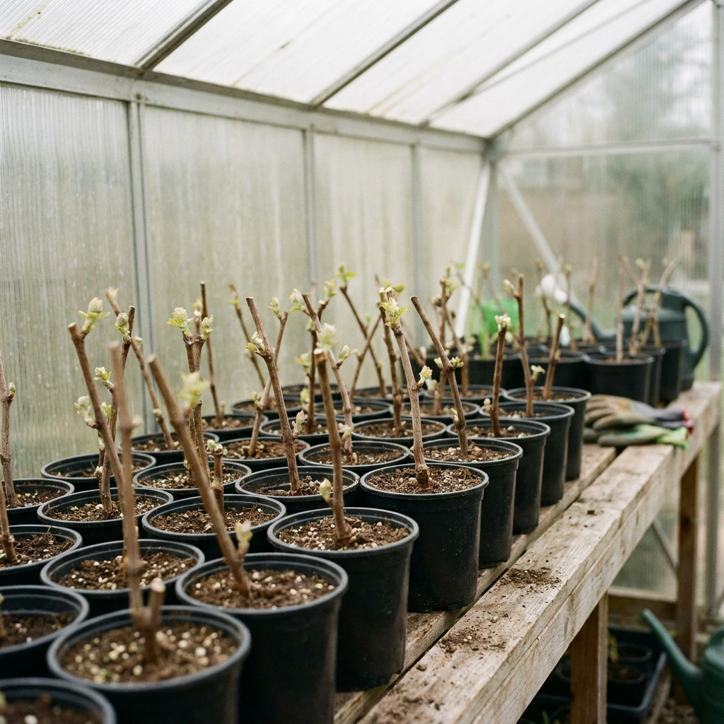 Grapevine cuttings in black nursery pots inside a greenhouse, buds beginning to emerge in early spring