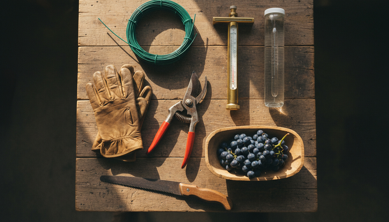 A grape grower&rsquo;s essential tools on a workbench