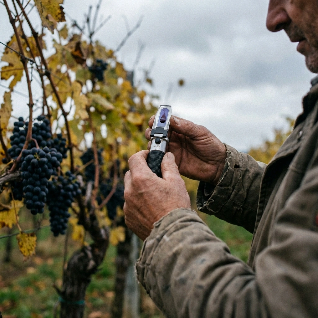 When Are Grapes Ready to Harvest? Brix, Seeds, Taste, and Timing for Cold-Climate Growers 4 Grower holding a refractometer to check grape juice Brix reading with ripe dark grape clusters on the vine behind him