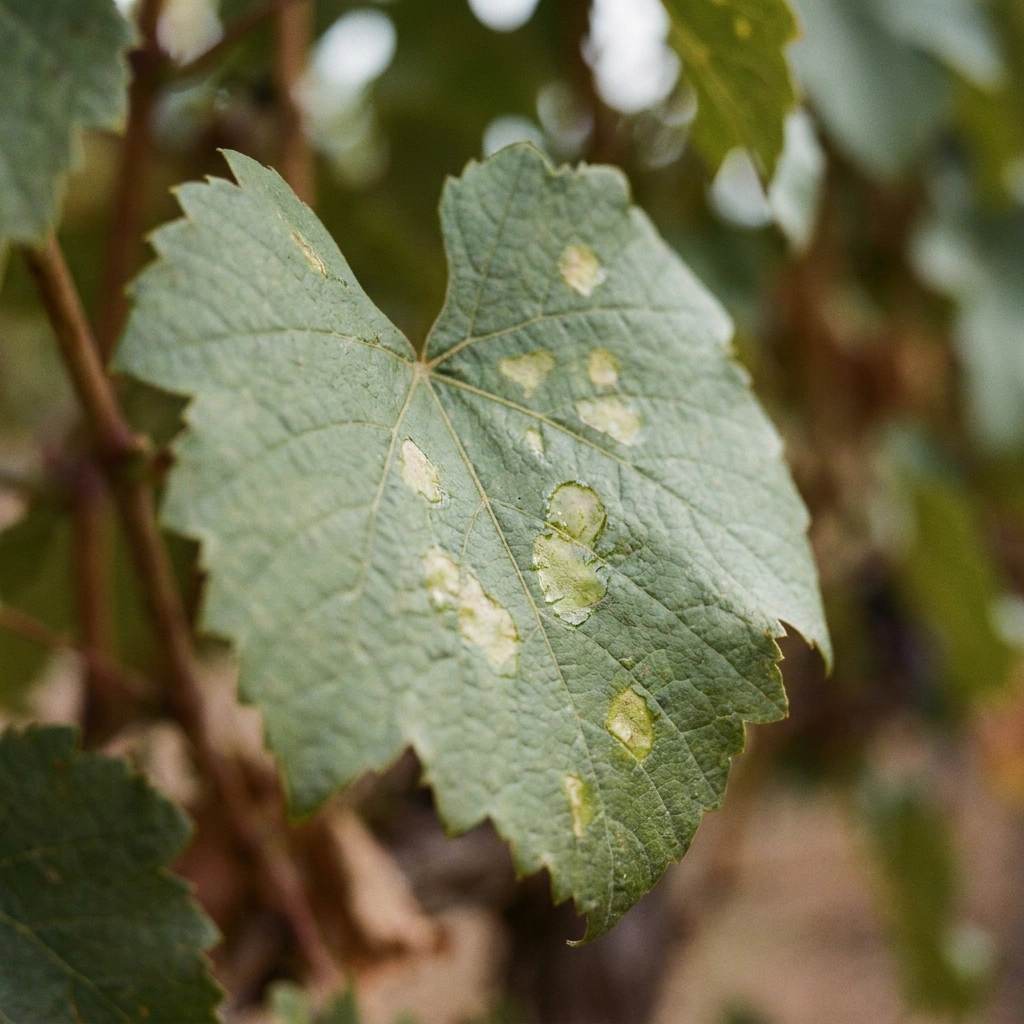 Grape Pests and Diseases: How to Recognize, Prevent, and Control Them 10 Grapevine leaf showing pale yellowish spots - early downy mildew disease infection in a cold-climate vineyard