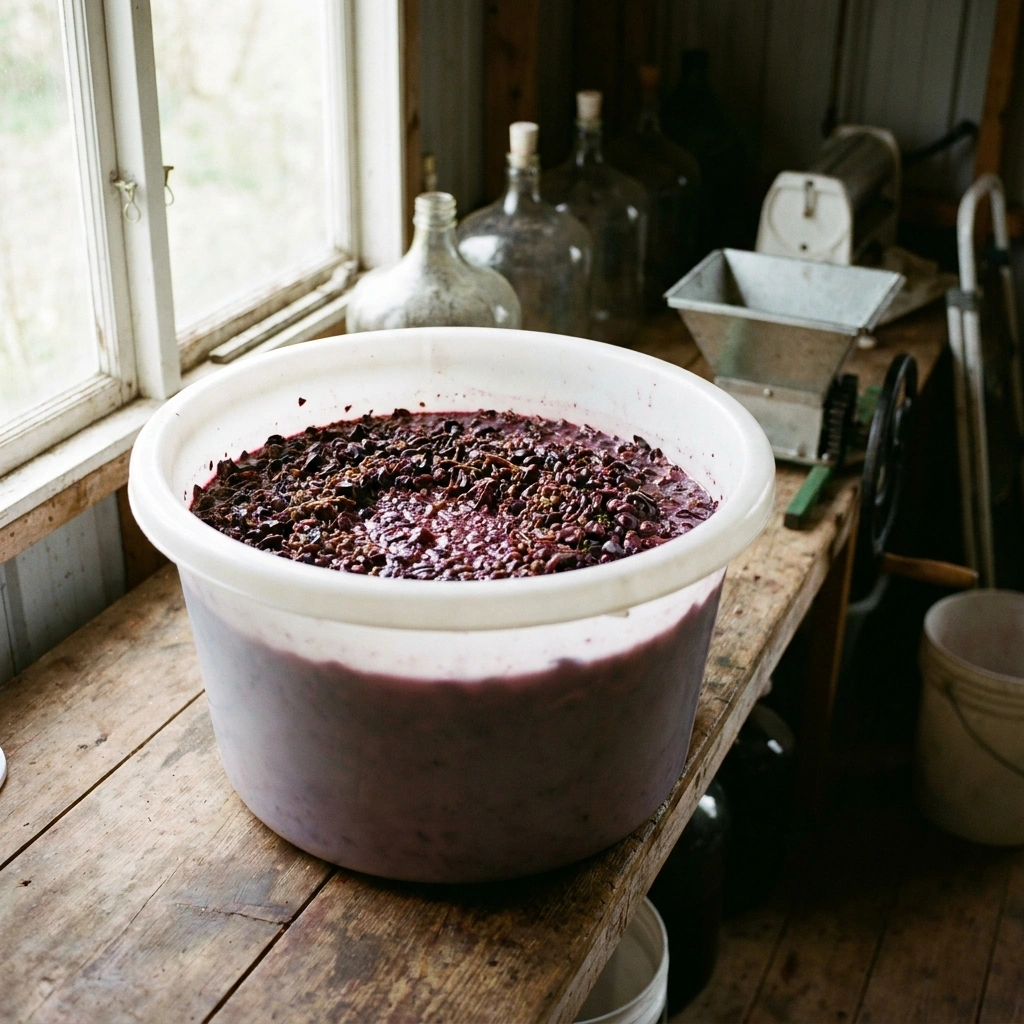 Fresh crushed grape must with dark skins and seeds in a white fermentation bucket in a home winemaking setting