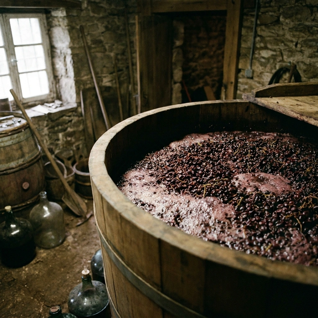 Grape Skins in Wine: Why They Determine Color, Tannin, and Style 2 Dark red grape must with floating pomace cap of skins in a wooden fermentation barrel