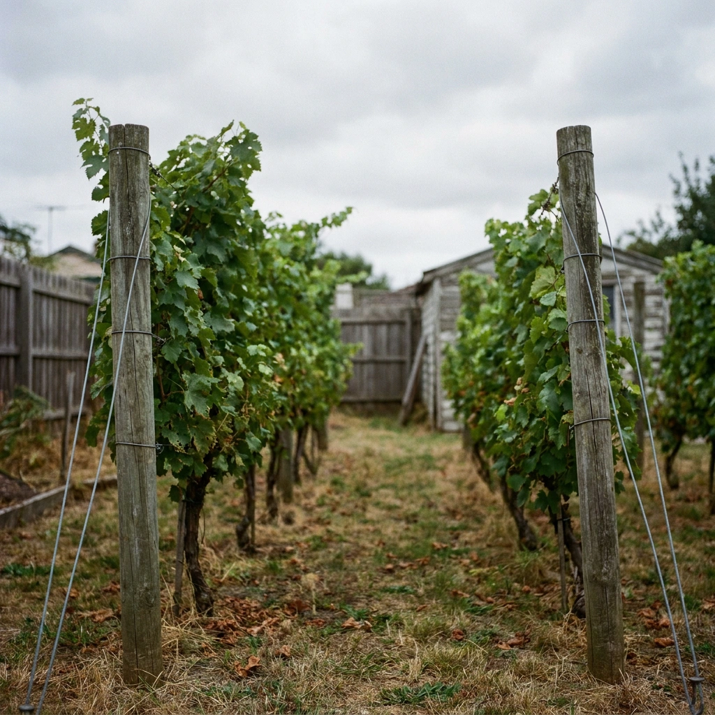 Grape Trellis Systems for Cold-Climate Backyard Vineyards 12 A row of trellised grapevines on wooden posts with wire in a backyard vineyard, overcast daylight