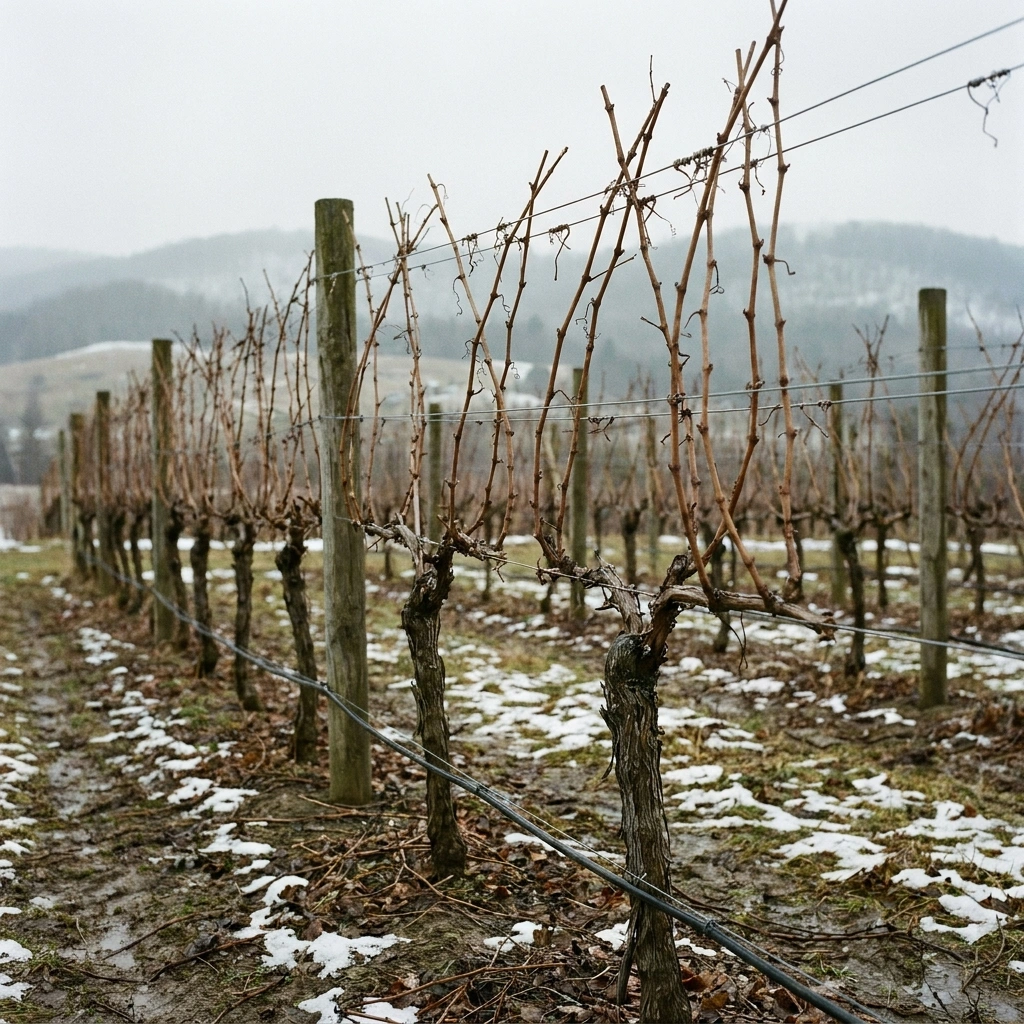 Cold-climate vineyard with trellis system showing wooden posts and wire rows in early spring with snow on the ground