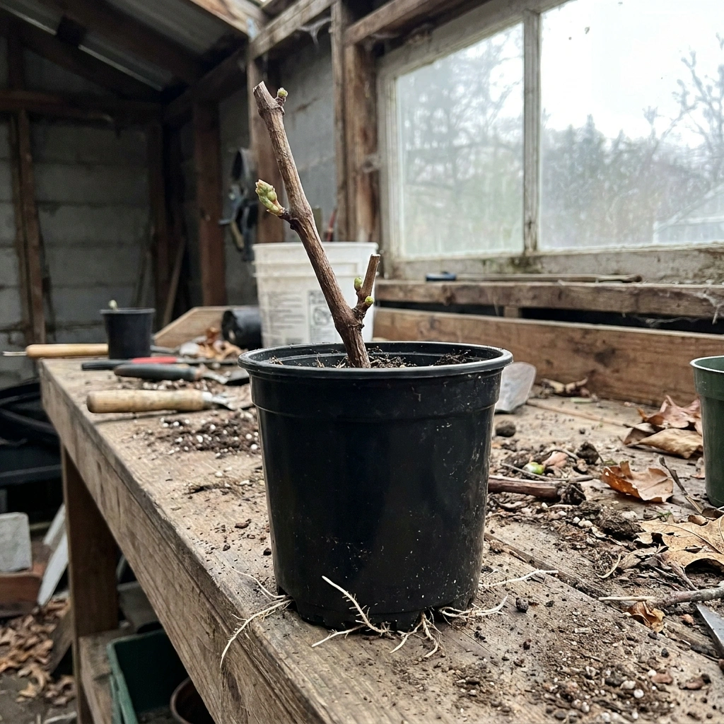 Grape Clones: What They Are and How to Clone a Grape Vine at Home 9 Young rooted grapevine cutting in a nursery pot on a potting bench, ready for transplant
