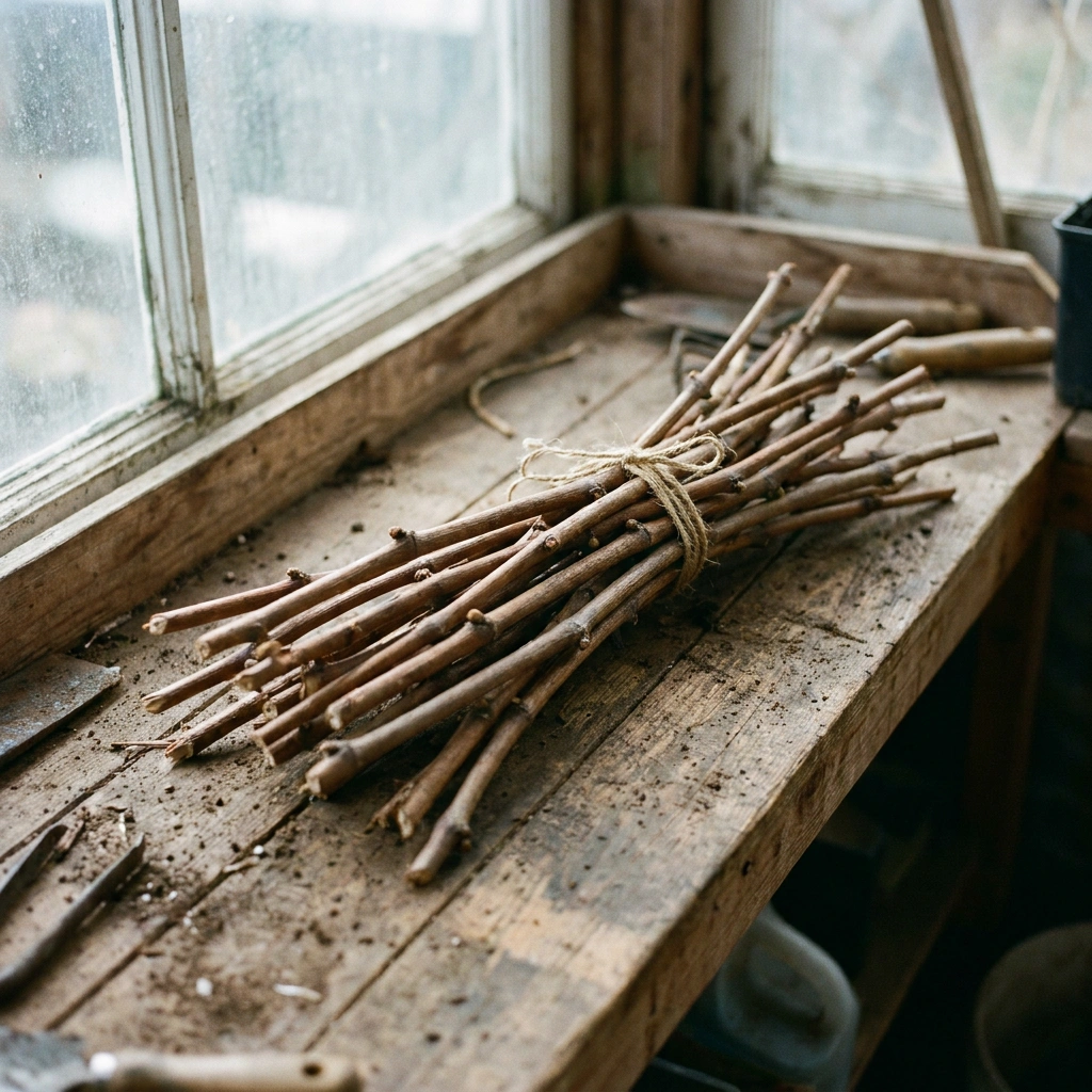 How to Grow Grapes from Cuttings (Hardwood Propagation Guide) 6 Bundle of dormant grapevine hardwood cuttings tied with twine on a wooden workbench near a window, ready for propagation