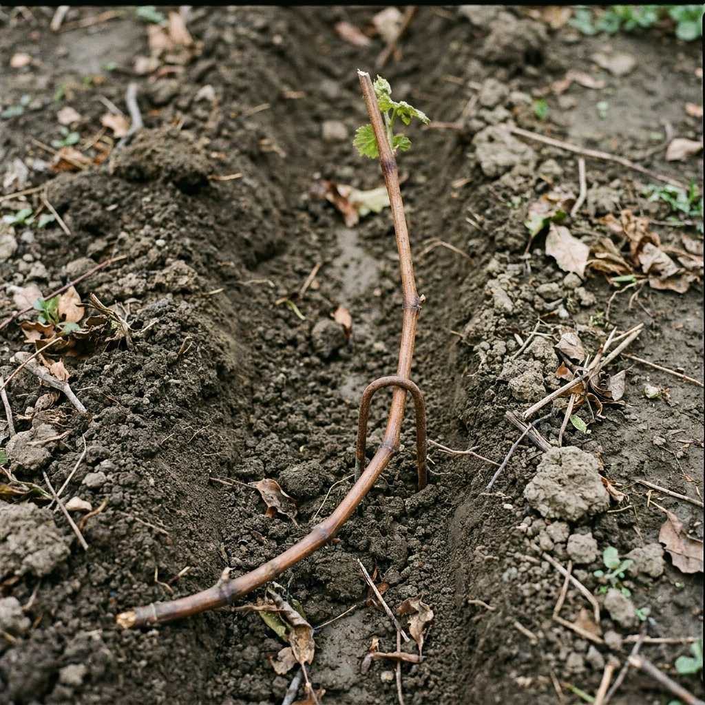 Grapevine cane layered in a soil trench, green shoot tip emerging - ground layering method