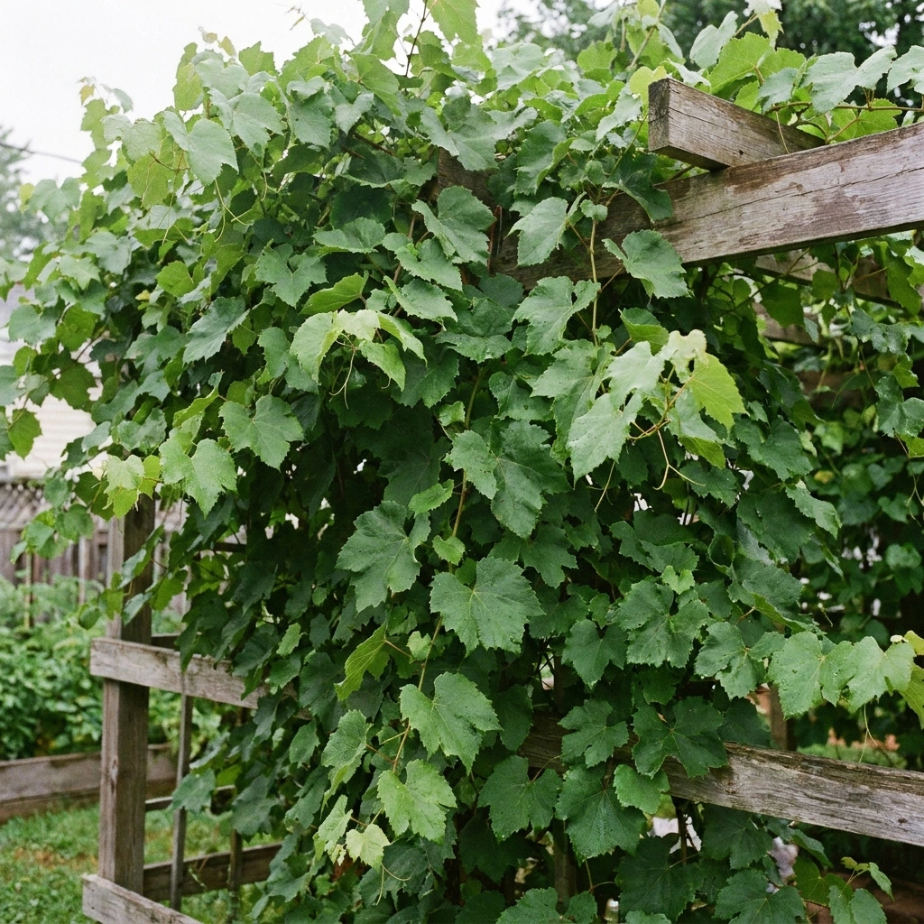 Healthy grape vine with lush green leaves on a backyard trellis producing no fruit clusters, illustrating the common problem of a vine that won't fruit