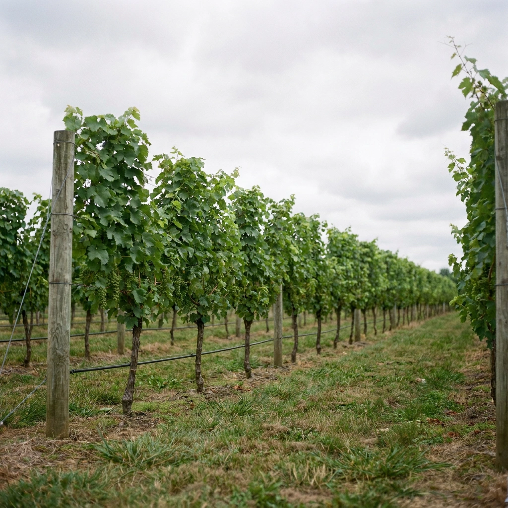 Grape Vine Spacing: How Far Apart to Plant Your Vines 7 evenly spaced rows of trellised grapevines in a backyard vineyard