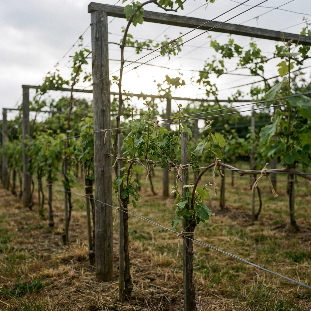 Grapevine trained on a VSP trellis with shoots positioned upward between catch wires for maximum sun exposure