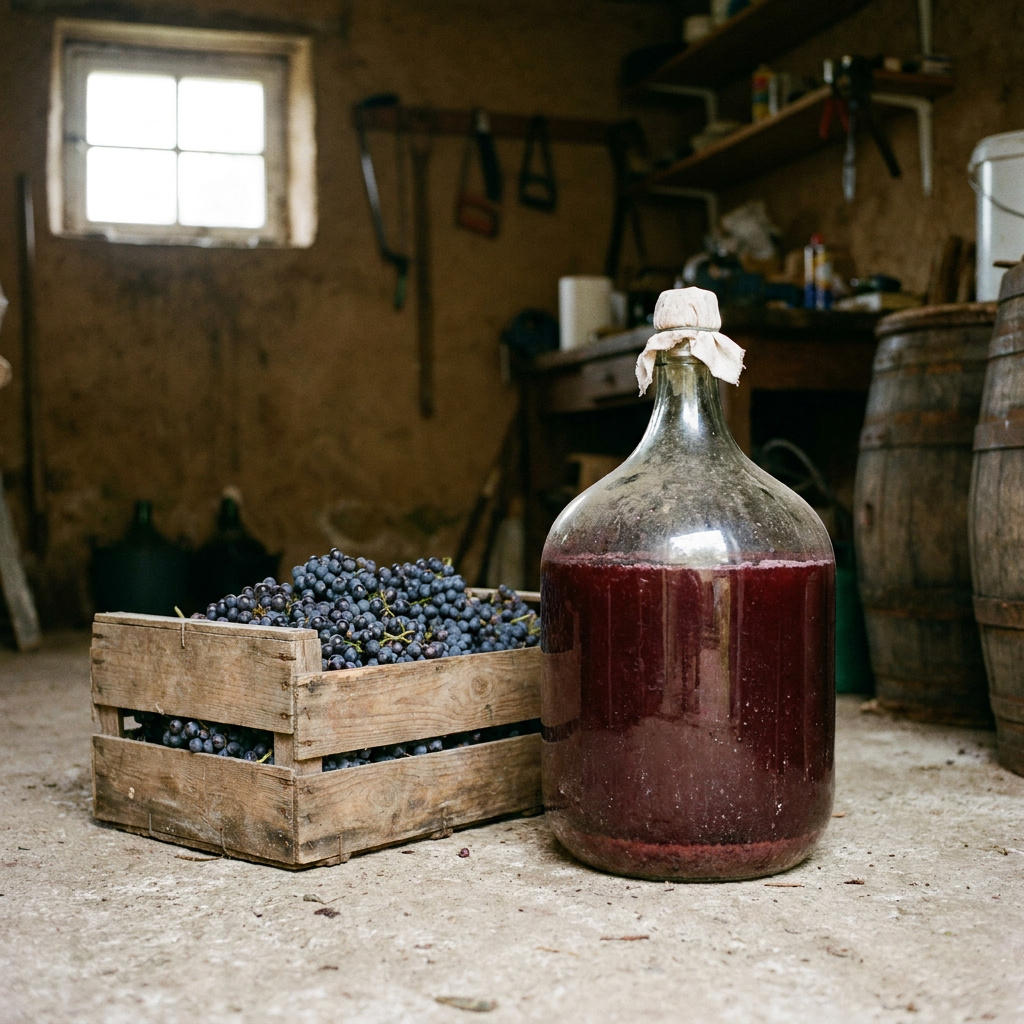How Many Pounds of Grapes to Make a Bottle of Wine (2026 Guide) 7 Glass carboy of fermenting red wine beside a wooden crate of dark grapes in a home garage winery