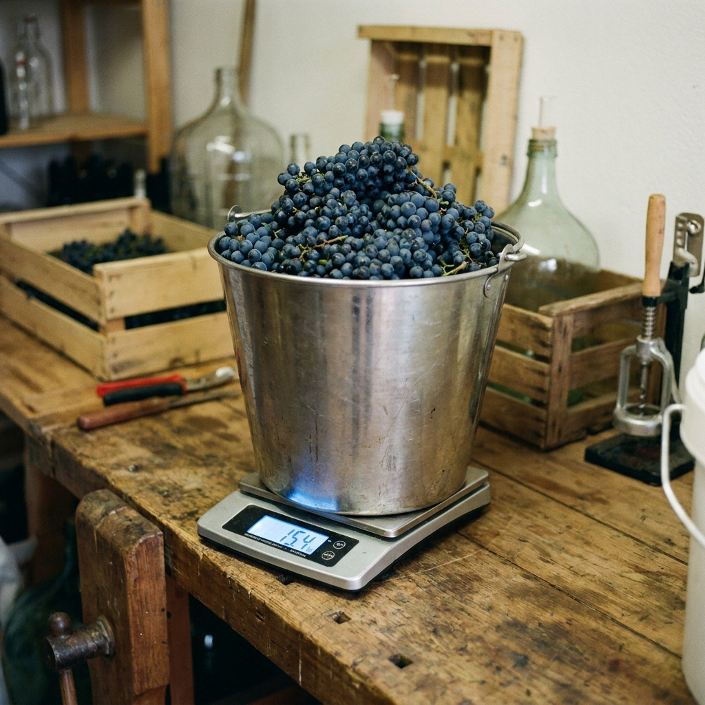Metal bucket of freshly harvested dark grapes being weighed on a digital scale in a home winery