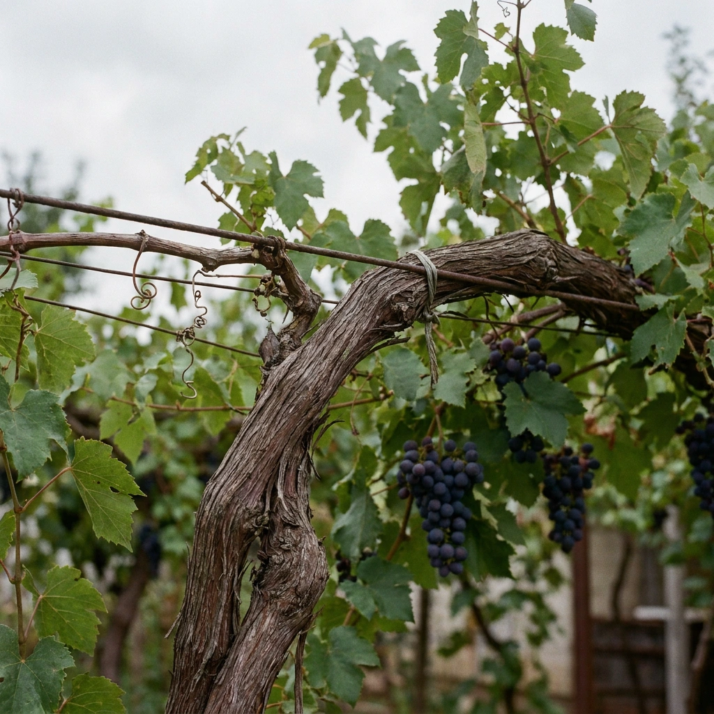 Do Grapes Grow on Trees? (No — Here's What They Actually Grow On) 1 Mature grapevine trained along horizontal wire trellis with woody trunk and dark grape clusters, showing vines grow on trellises not trees