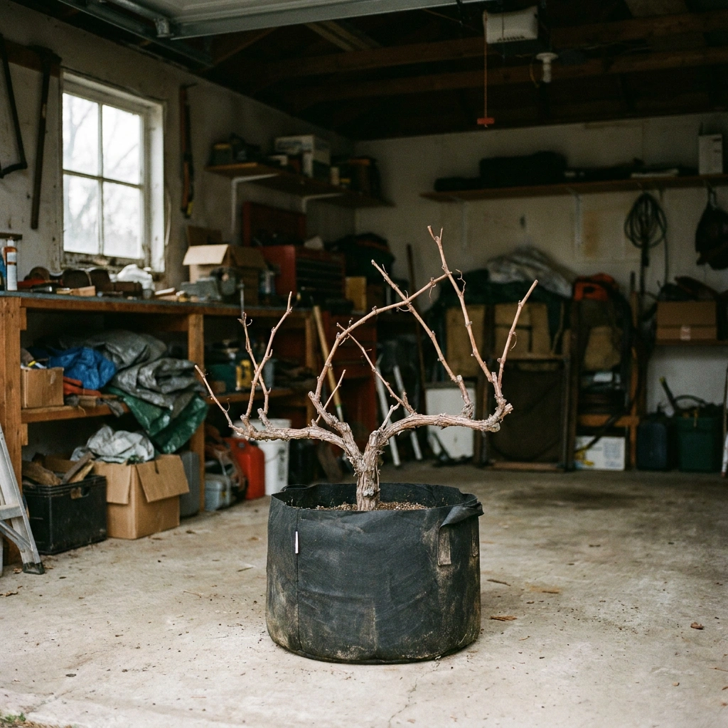 Dormant grapevine in a large black fabric pot stored in an unheated garage for winter overwintering