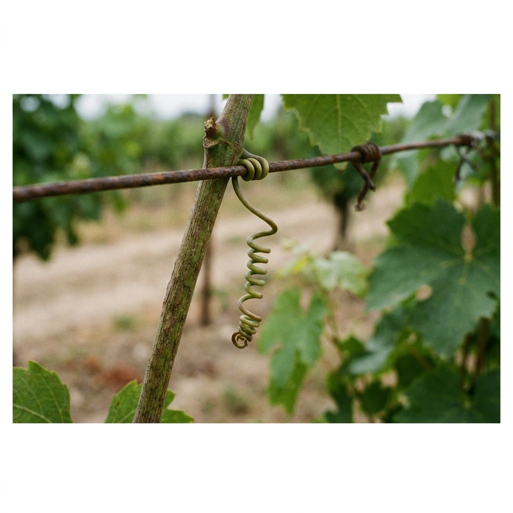 Grapevine tendril coiling around trellis wire, showing how vines climb using tendrils rather than growing like a tree