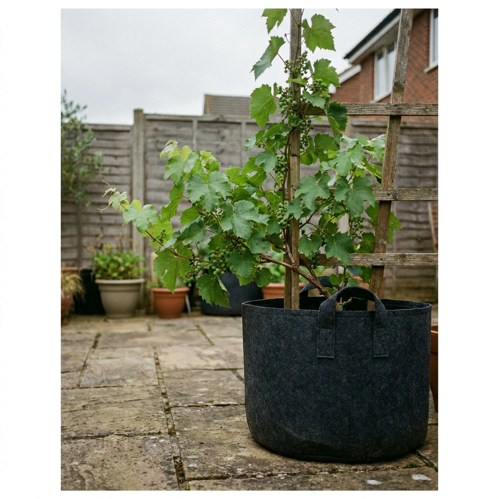 Grapevine growing in a large black fabric grow bag on a stone patio with a wooden trellis stake