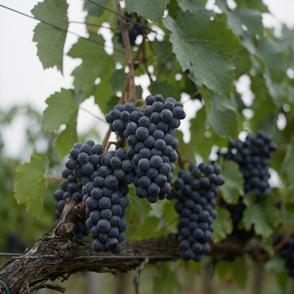 Growing Pinot Noir Grapes: The Honest Cold-Climate Guide 10 Tight dark purple Pinot Noir grape clusters hanging on the vine under overcast cool-climate sky