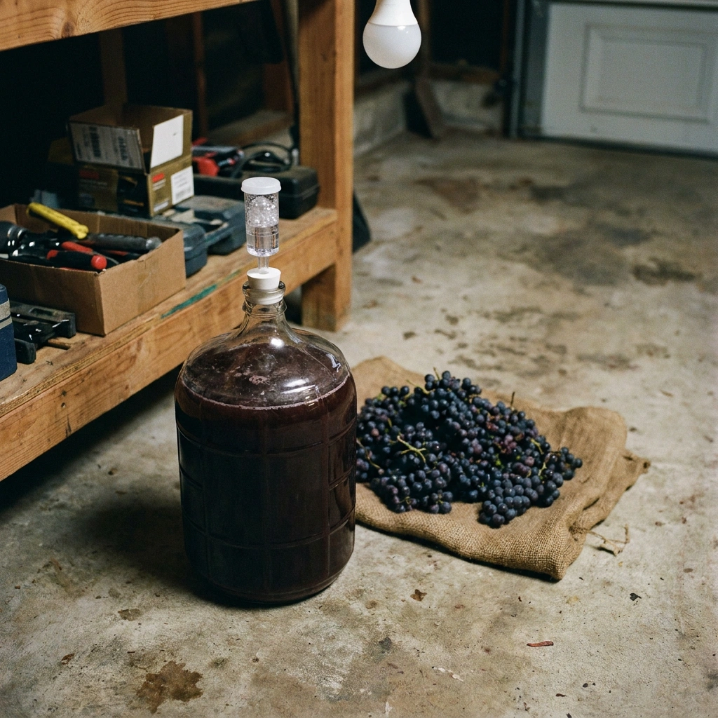 How to Make Wine from Grapes: Step-by-Step Homemade Wine Instructions 9 Glass carboy of fermenting homemade red wine with airlock on a garage floor, dark grape clusters on burlap nearby