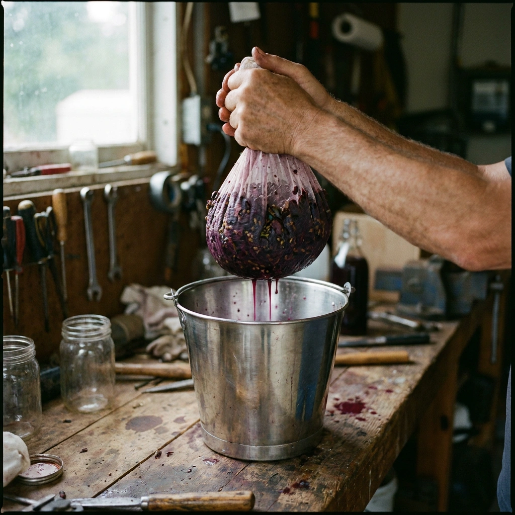 Squeezing dark grape pomace through a mesh straining bag into a metal bucket during home winemaking