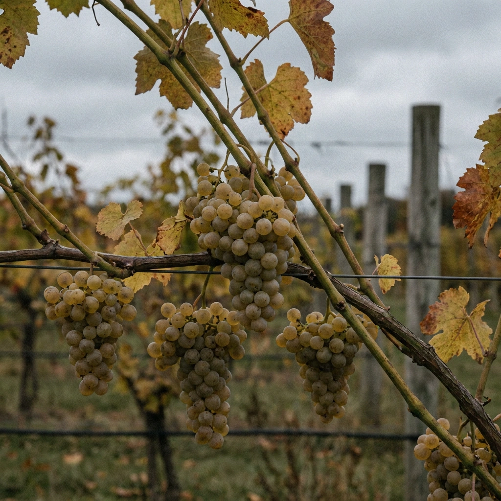 Itasca Grape: Minnesota’s Cold-Hardy Low-Acid White 5 Itasca grape clusters ripening on a cold-climate trellis in early autumn, pale green-gold color